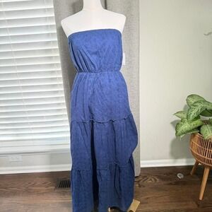NWT Old Navy Blue Eyelet Strapless Maxi Dress Petite Large Boho Tiered Summer